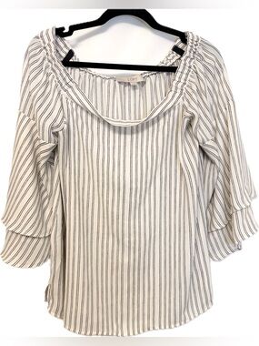 LOFT White Navy Striped Off-Shoulder Peasant Top